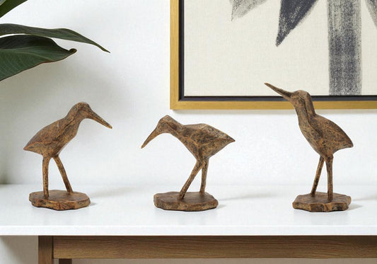 Set of Three Brown And Gold Polyresin Bird Figurine