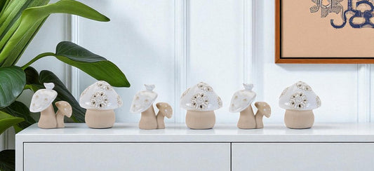 Set of Six Beige And Gray Porcelain Mushroom Tabletop Sculpture