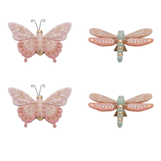Set of Four Pink And Green Polyresin Butterfly And Dragonfly Figurines