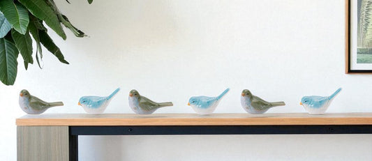 Set of Six Green And Blue Cement Bird Figurine