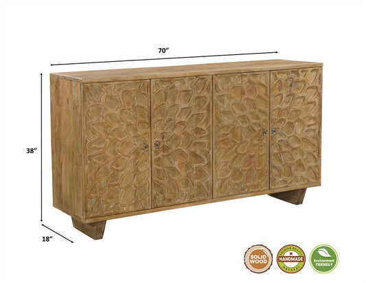 70" Brown Distressed Solid Wood Carved Floral Sideboard with Four Doors