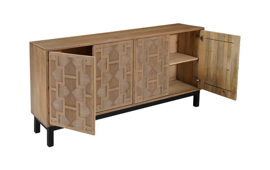 80" Brown Solid Wood Carved Geometric Sideboard with Four Doors