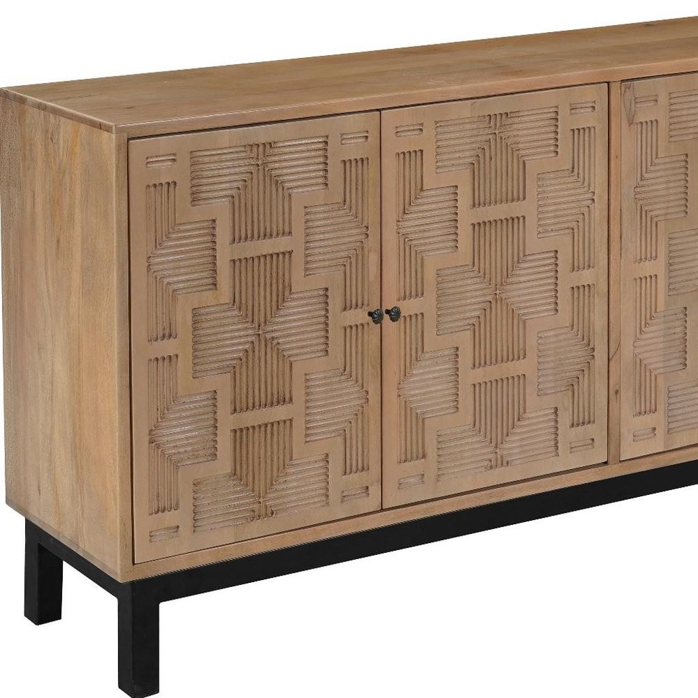 80" Brown Solid Wood Carved Geometric Sideboard with Four Doors