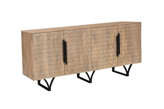 84" Beige Solid Wood Carved Geometric Sideboard with Four Doors