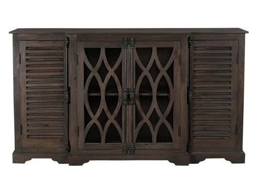 70" Dark Brown Solid Wood Carved Geometric Sideboard with Four Doors