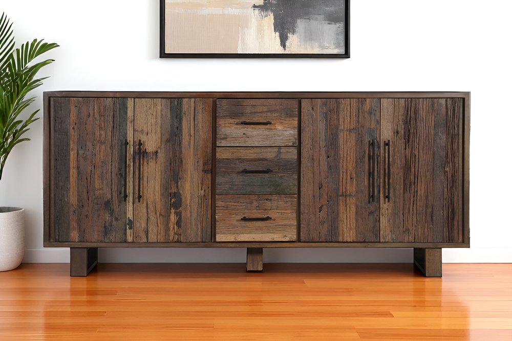 83" Dark Brown Distressed Reclaimed Wood Three Drawer Sideboard with Four Doors