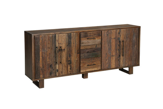 83" Dark Brown Distressed Reclaimed Wood Three Drawer Sideboard with Four Doors