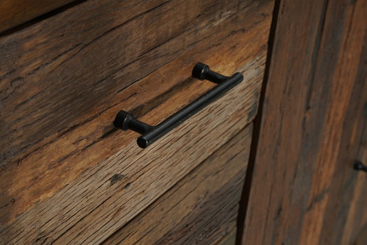 83" Dark Brown Distressed Reclaimed Wood Three Drawer Sideboard with Four Doors