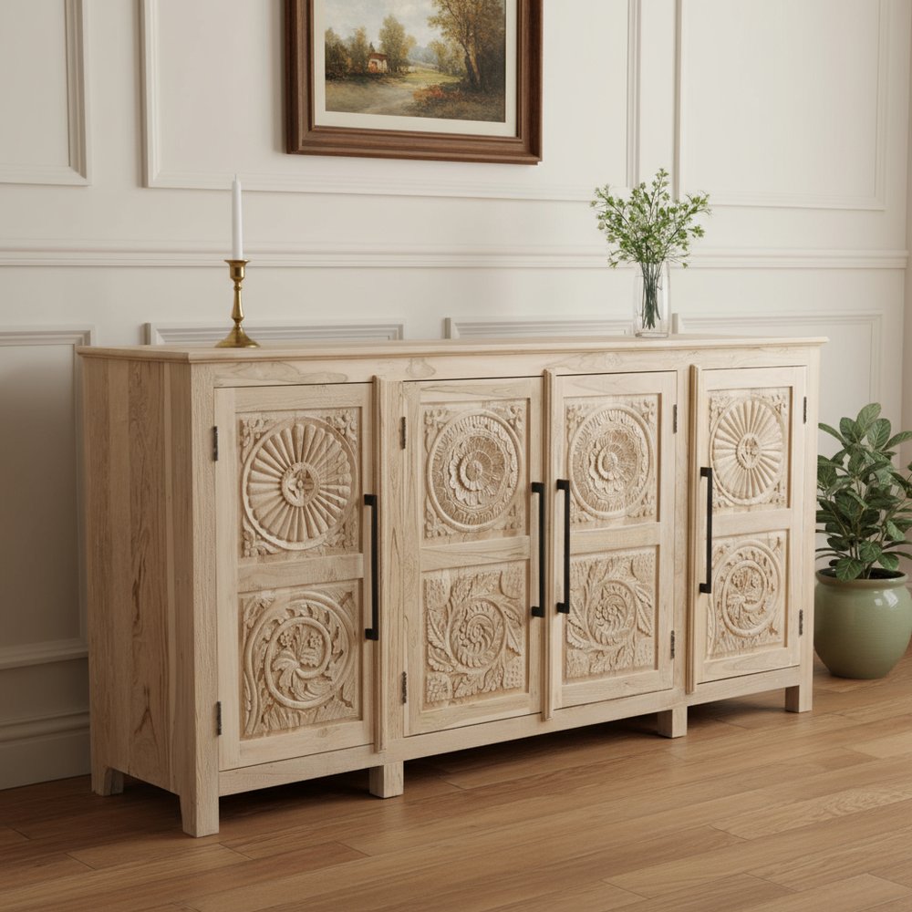 74" Natural Distressed Solid Wood Carved Floral Sideboard with Four Doors