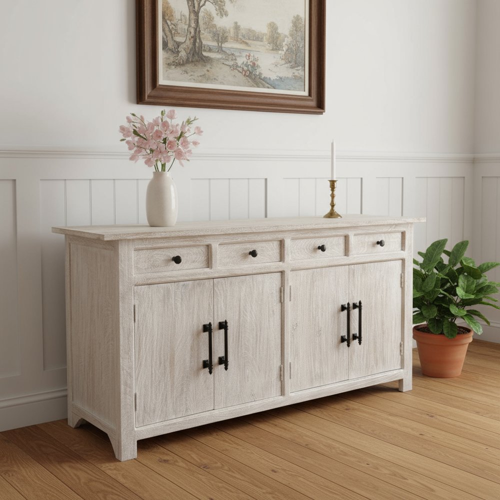 79" White Distressed Solid Wood Paneled Four Drawer Sideboard with Four Doors
