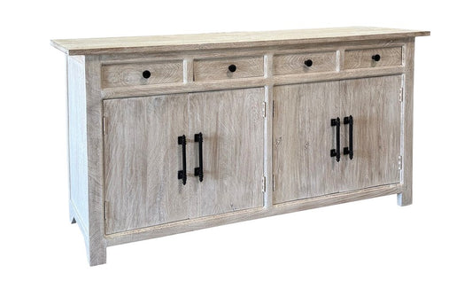 79" White Distressed Solid Wood Paneled Four Drawer Sideboard with Four Doors