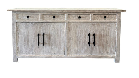 79" White Distressed Solid Wood Paneled Four Drawer Sideboard with Four Doors