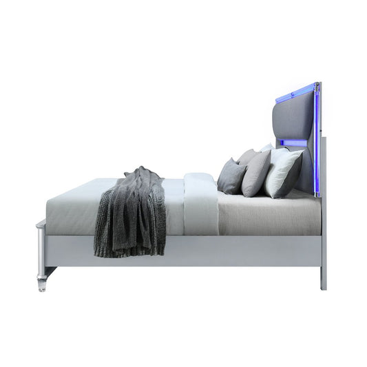 Silver and Gray Wood And Upholstery Lighted King Bed Frame