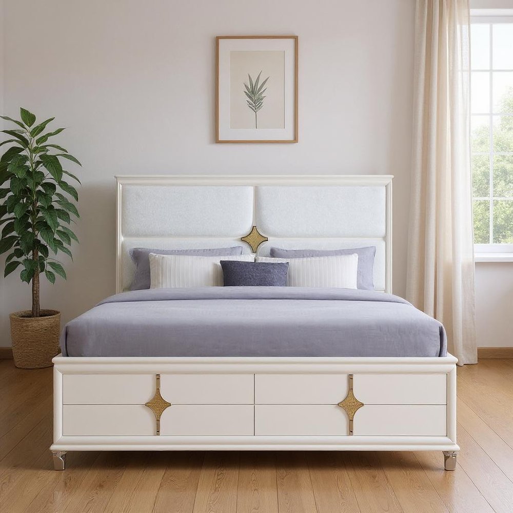 Gold and White Wood And Upholstery Lighted Queen Bed Frame