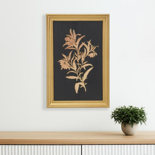 21" X 14" Gold And Black Flower Bouquet Wood Framed Art