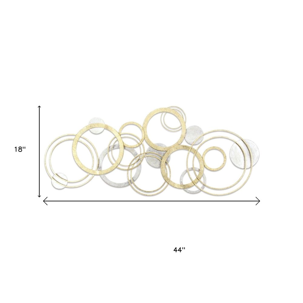 18" X 44" Gold And Silver Geometric Metal Round Discs Hanging Dimensional Sculpture