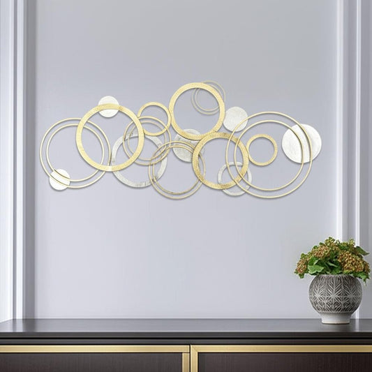 18" X 44" Gold And Silver Geometric Metal Round Discs Hanging Dimensional Sculpture