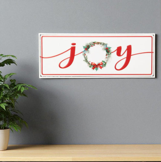 7" X 19" White and Red Christmas Joy Metal Wall Decor