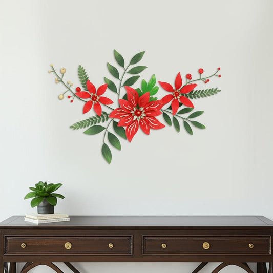 15" X 22" Red Christmas Poinsettia Metal Hanging Dimensional Sculpture