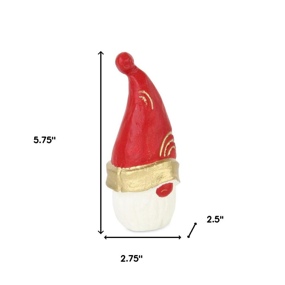 6" Red Gold And White Cast Iron Christmas Santa Gnome Figurine