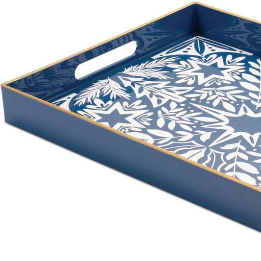16" Blue And White Geometric Star And Trees Serving Tray With Handles