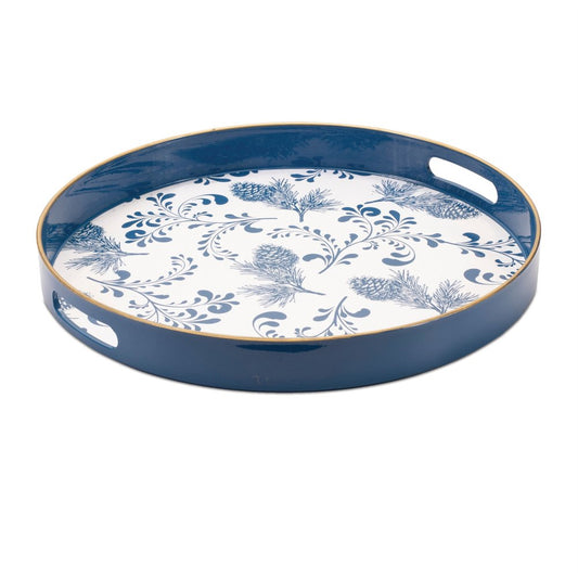 14" Blue White And Gold Pinecone Round Serving Tray