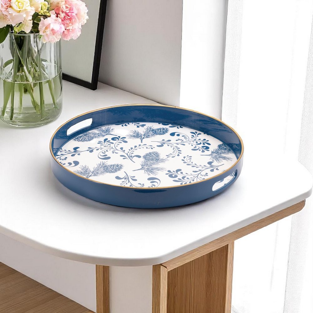 14" Blue White And Gold Pinecone Round Serving Tray