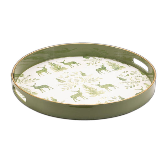 14" Green White And Gold Woodland Scene Round Serving Tray With Handles