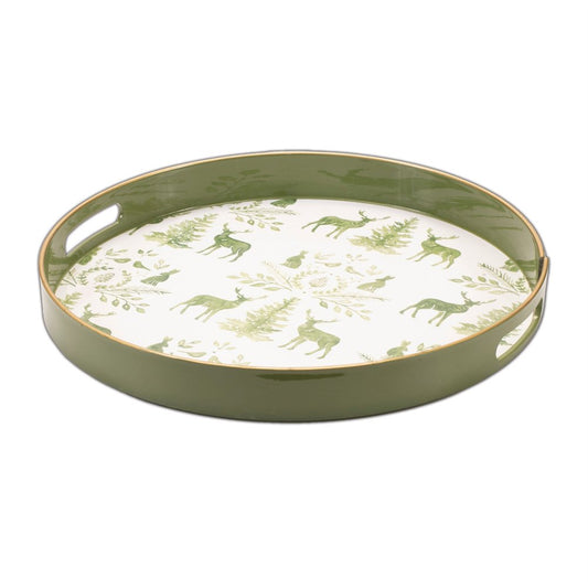 14" Green White And Gold Woodland Scene Round Serving Tray With Handles