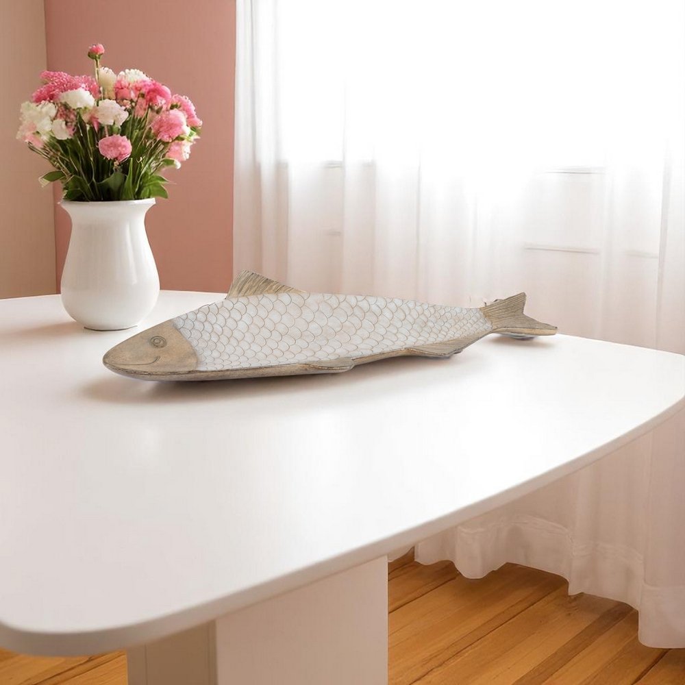 23" Brown Ceramic Etched Fish Serving Tray