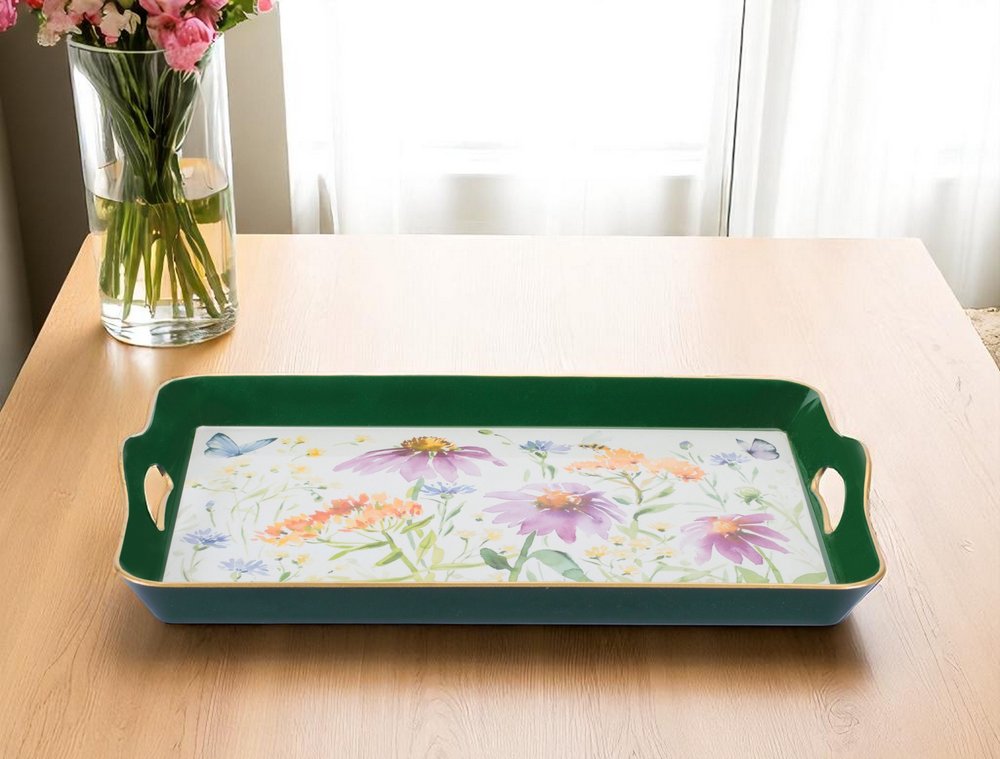 17" Green And White Watercolor Floral Serving Tray With Handles