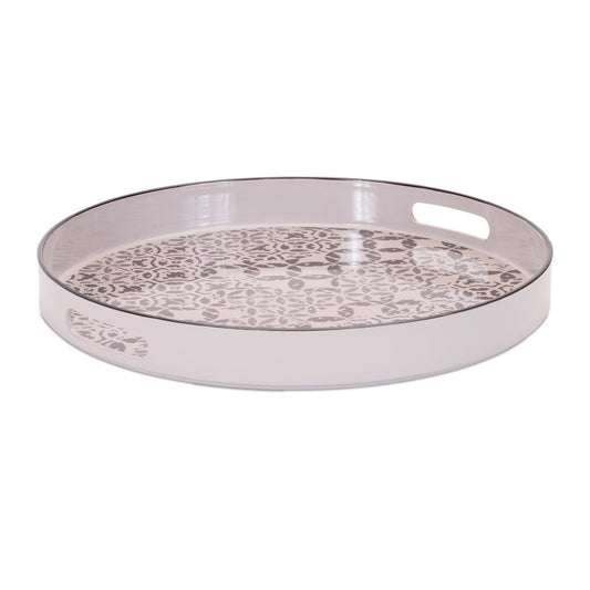 14" Cream And Gray Geometric Pad Print Round Serving Tray With Handles