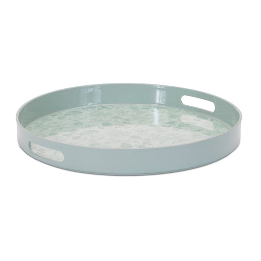 14" Pale Sage Mushrooms Round Serving Tray With Handles
