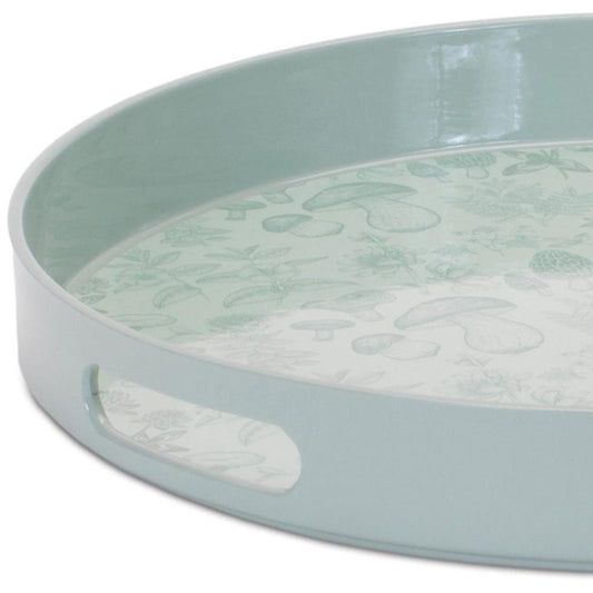 14" Pale Sage Mushrooms Round Serving Tray With Handles