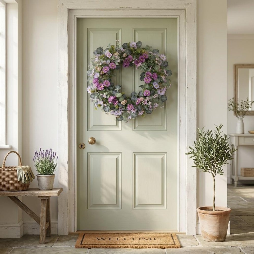 22" Green And Purple Daisy And Thistle Artificial Wreath