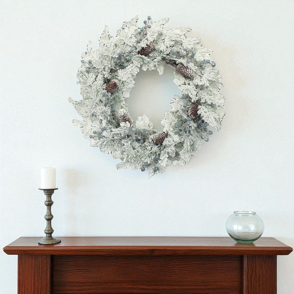 24" White Flocked Pine And Pinecone Artificial Wreath