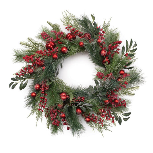 25" Green And Red Artificial Pine Berries And Ornaments Christmas Wreath
