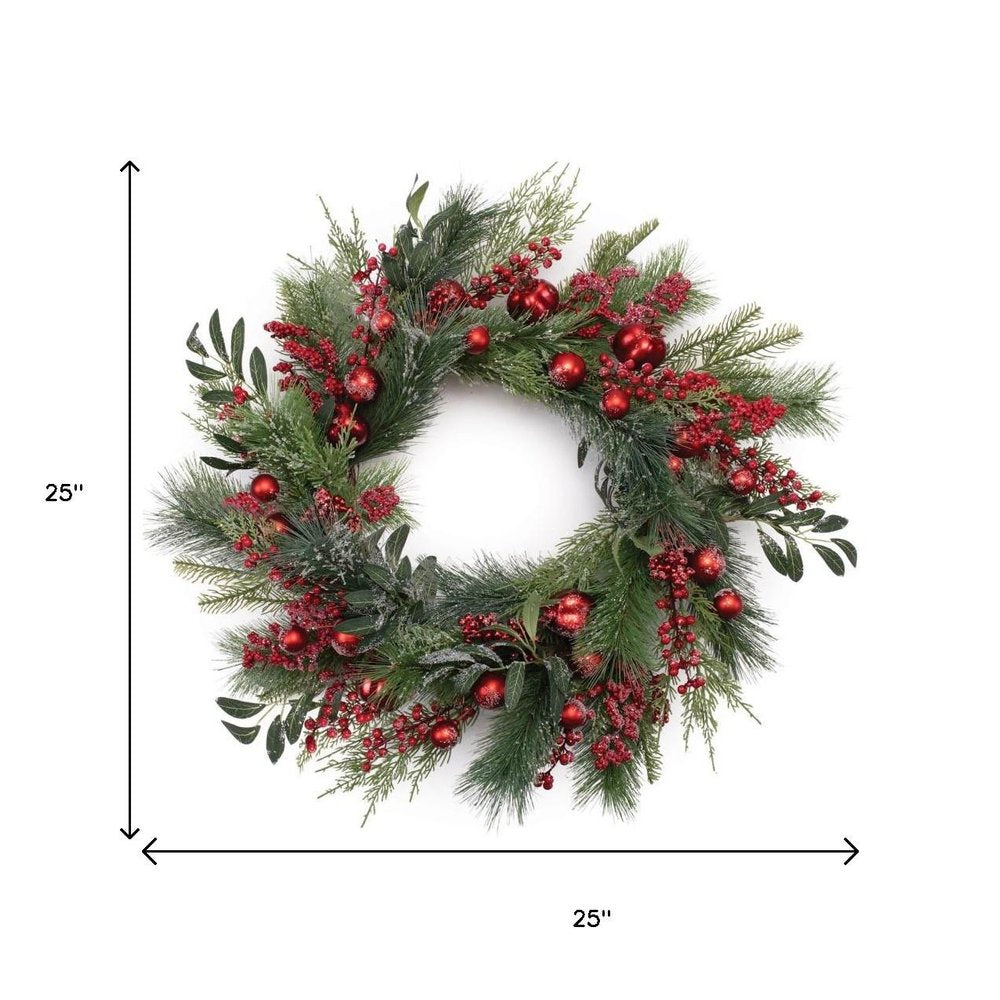 25" Green And Red Artificial Pine Berries And Ornaments Christmas Wreath