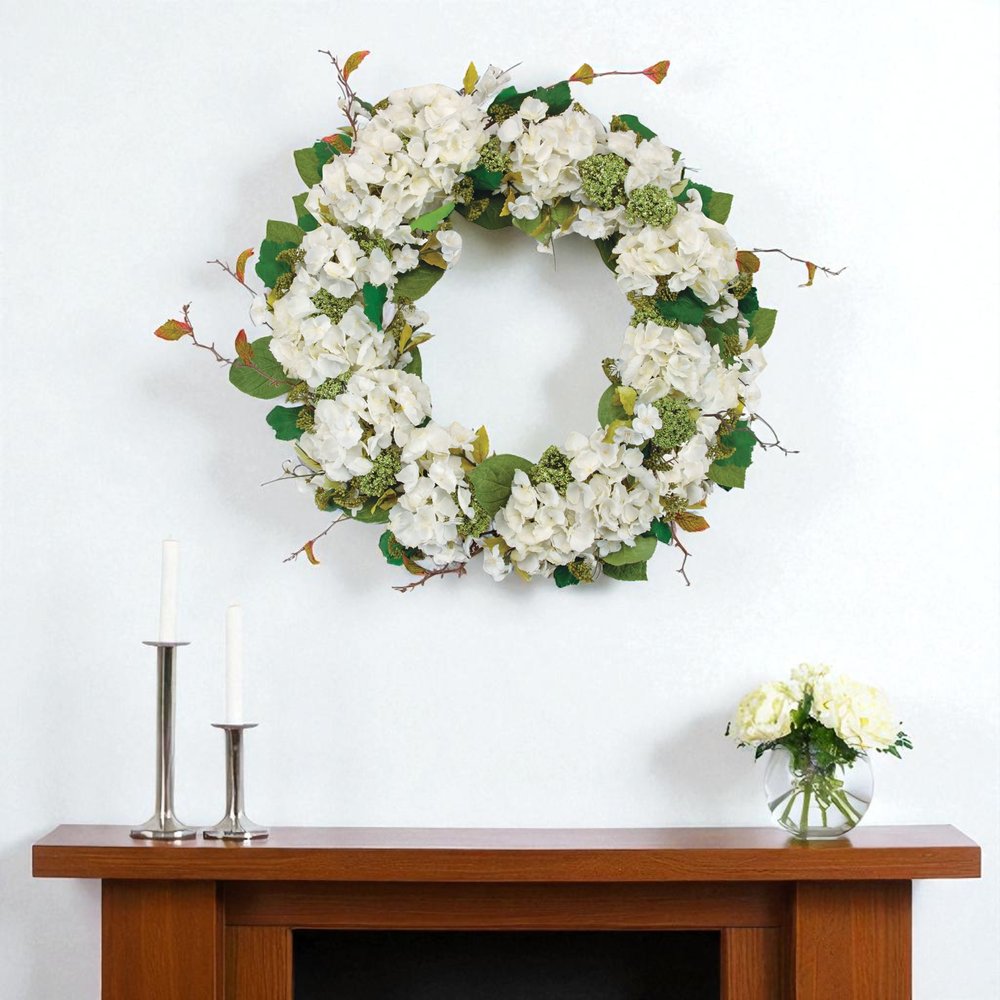 36" White And Green Hydrangea Artificial Wreath