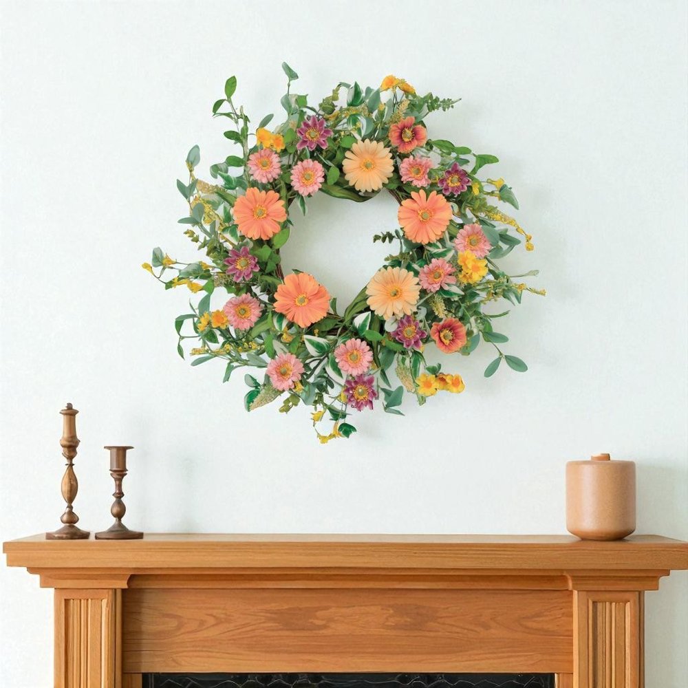 26" Green Orange And Pink Daisy Artificial Wreath