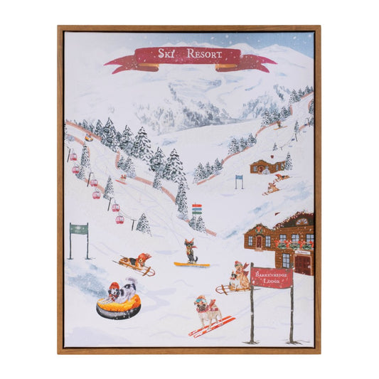 Dog Ski Resort Brown Framed Wall Art