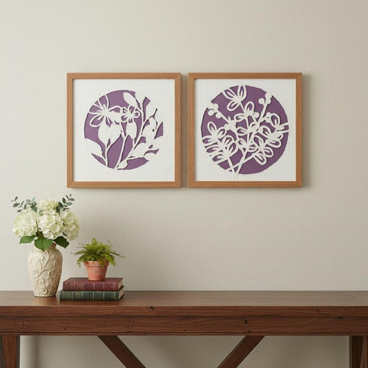 Set Of Two Purple And White Floral Brown Framed Wall Art