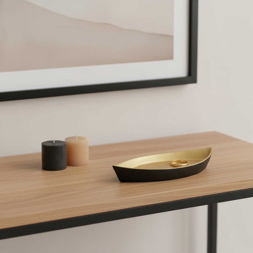 10" Black And Gold Cast Iron Oval Boat Shaped Tray