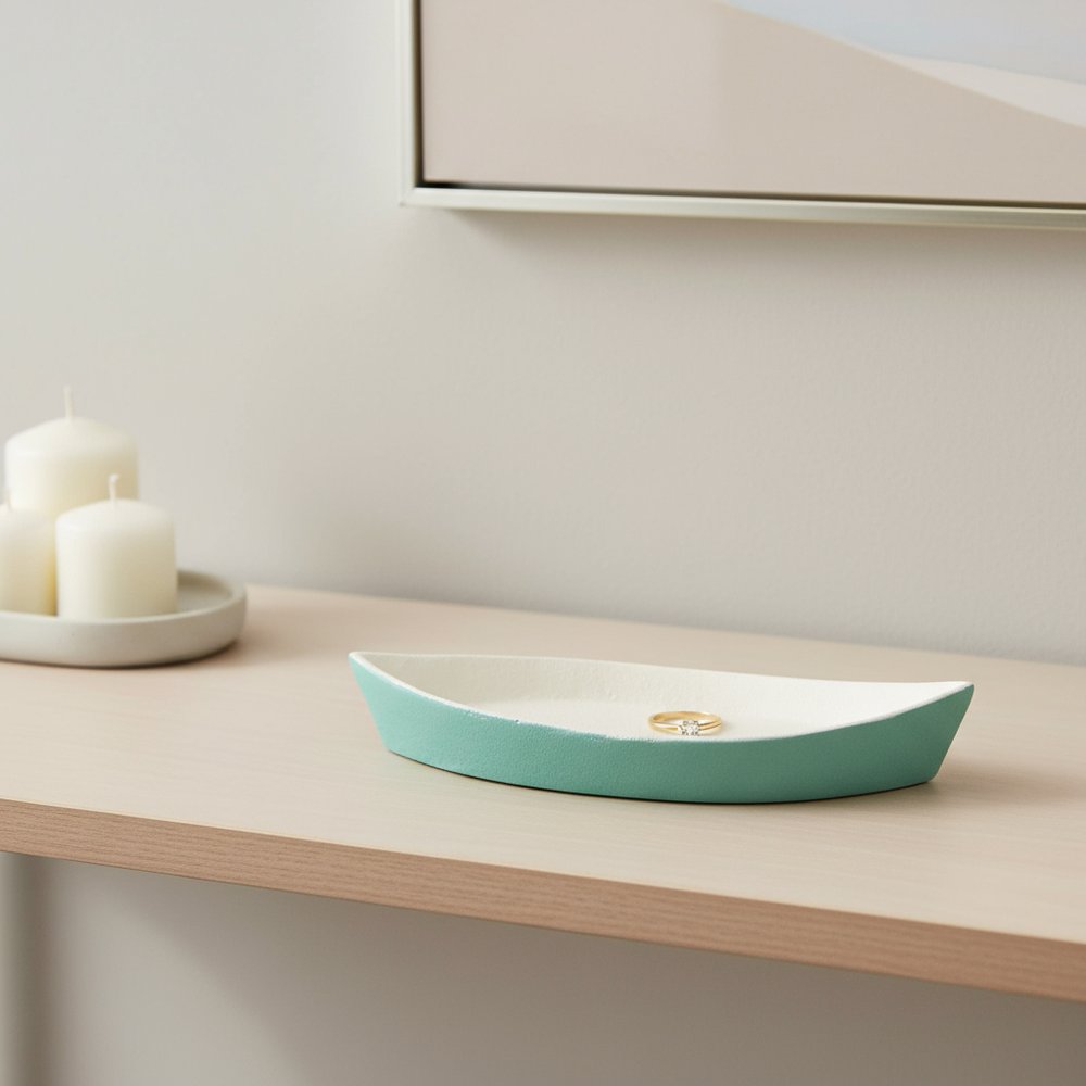 10" Aqua And White Cast Iron Oval Boat Shaped Tray