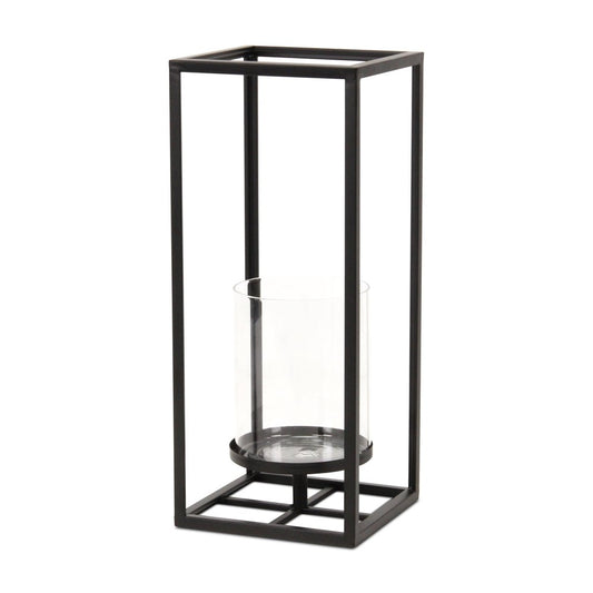 16" Black And Clear Metal And Glass Tabletop Candle Holder