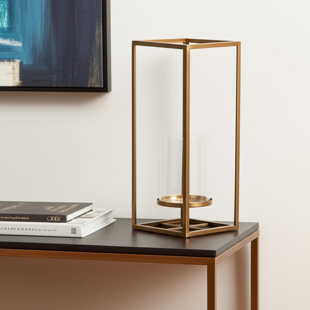 16" Clear And Gold Metal And Glass Tabletop Candle Holder