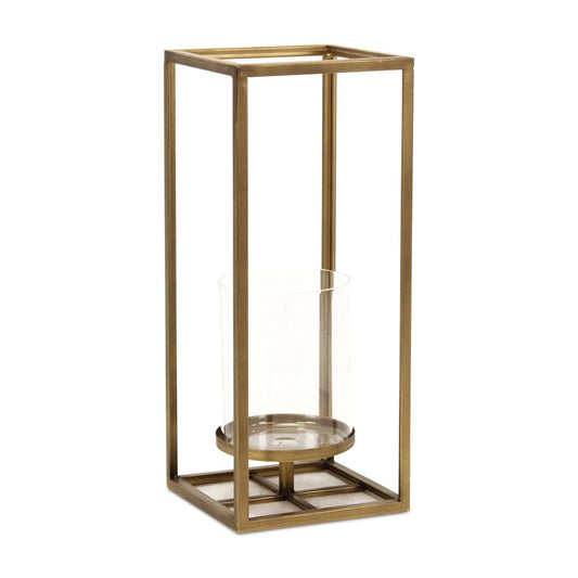 16" Clear And Gold Metal And Glass Tabletop Candle Holder