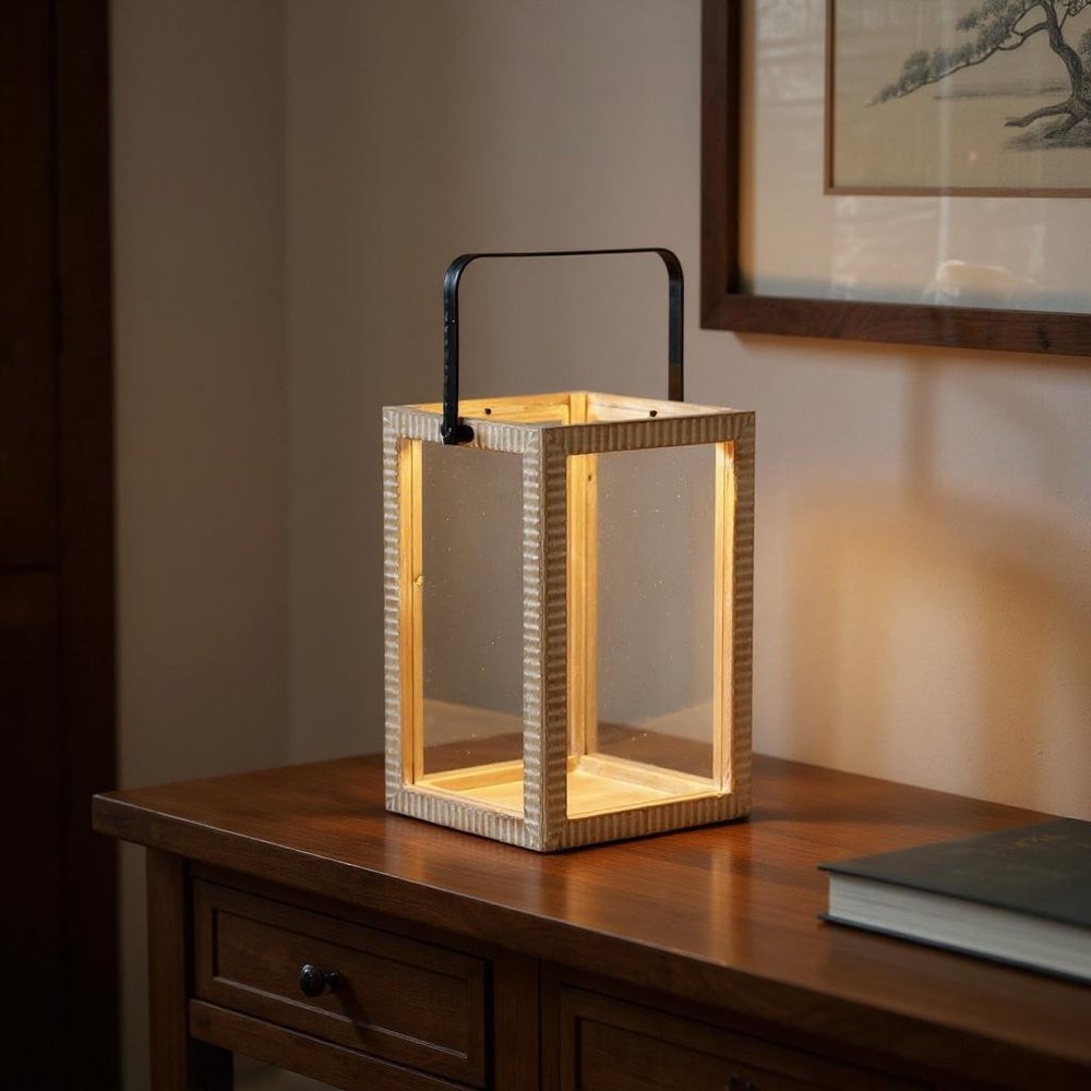 16" Clear And Natural Glass And Solid Wood Tabletop Lantern Candle Holder