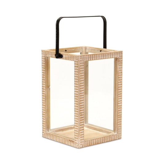 16" Clear And Natural Glass And Solid Wood Tabletop Lantern Candle Holder
