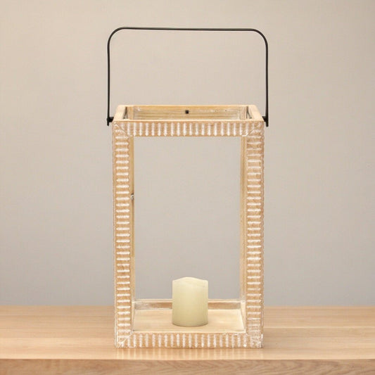 16" Clear And Natural Glass And Solid Wood Tabletop Lantern Candle Holder